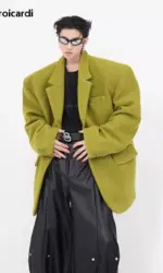 Mauroicardi Spring Autumn Oversized Casual Stylish Black Woolen Blazers for Men Shoulder Pads Long Sleeve Loose Korean Fashion