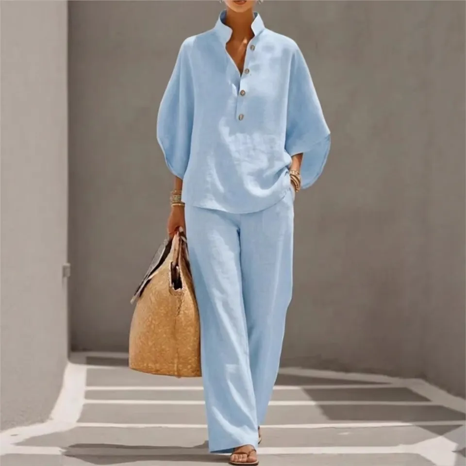 Fashion Cotton Linen Button Stand Collar 9 Quarter Sleeves Loose Women's 2-piece Suit Spring Casual Wide Leg Pants Suit Female - Image 3