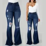 Denim Flare Pants Women Hole Jeans Boot Cut High Waist Stretch Pockets Distressed Washed Streetwear 2025 Floor Length Trousers