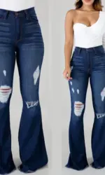Denim Flare Pants Women Hole Jeans Boot Cut High Waist Stretch Pockets Distressed Washed Streetwear 2025 Floor Length Trousers