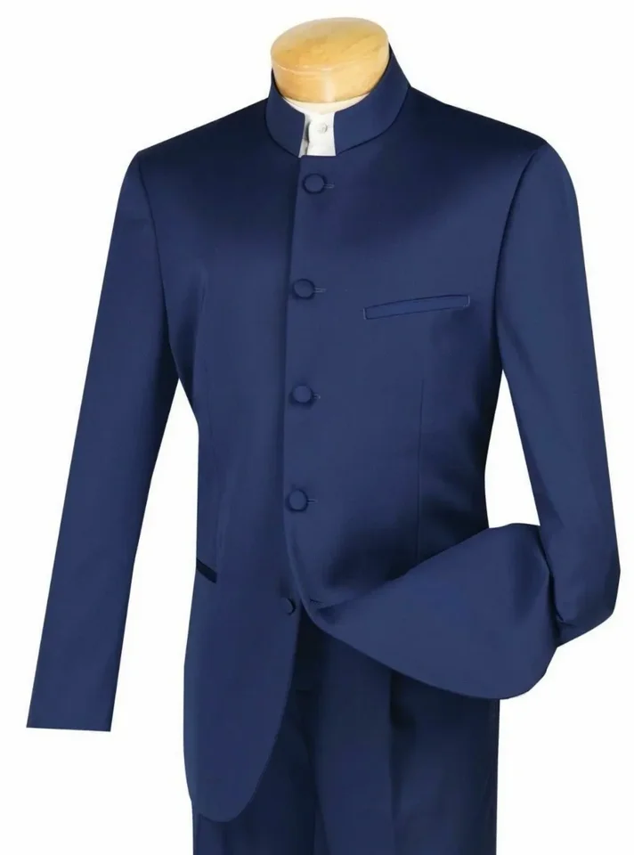 Slim Fit Men's Suits With Satin Stand Collar Navy Blue Wedding Groom Tuxedo For Prom 2 Pcs Male Fashion Suit Jacket Pants - Image 5