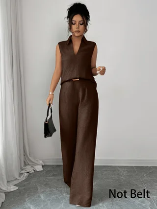 2026 Summer New Sleeveless V-Neck Wide-Leg Pants Set, French-Style High-End Work-Casual Two-Piece Set, Elegant and Slimming Plus-Size Women's Clothing, Suitable for Workplace, Daily Wear, and Vacation Outfits - Image 4