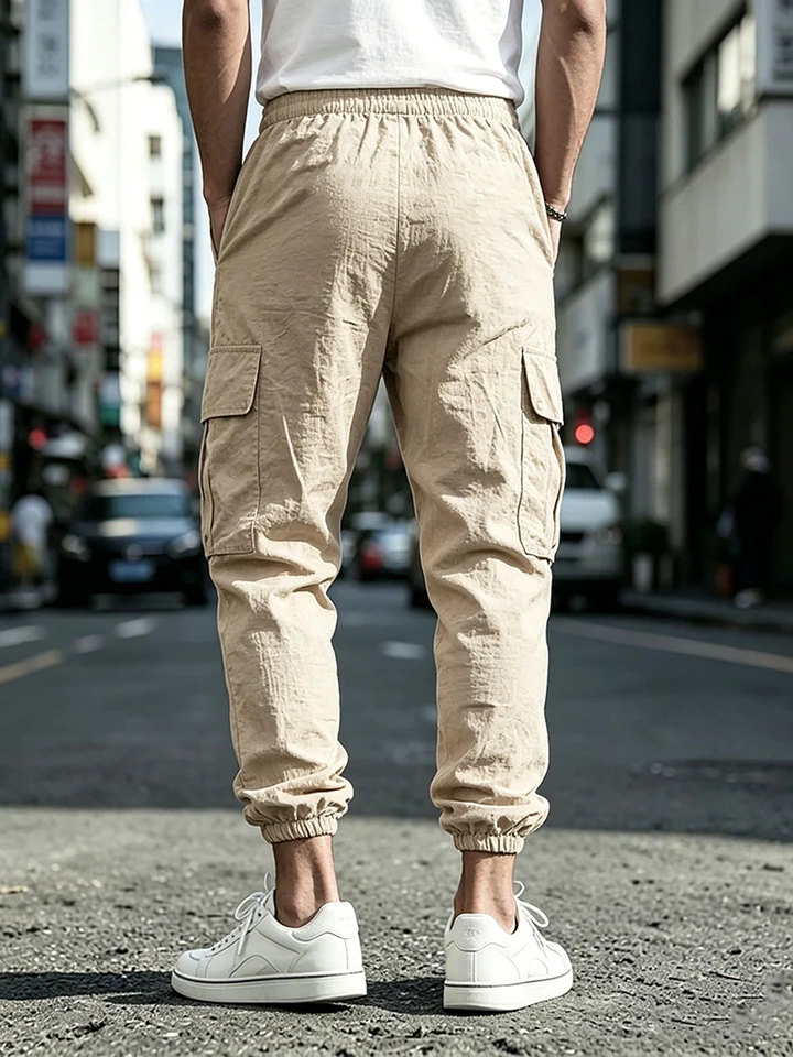 Men's Cotton Linen Cargo Jogger Pants Elastic Waist Drawstring Multi Pockets Casual Breathable Streetwear Trousers for Men - Image 2