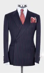 Men's Suit Navy Blue Striped Double Breasted 2pcsWear Suits  Blazer Pants Autumn/Winter Formal Business For Wedding Groom Tuxedo