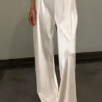Chic Satin Wide Leg Dress Pants Women's Stylish Elastic Waist Loose Fit Long Trousers for Streetwear Work Solid Color