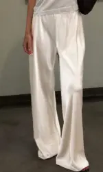 Chic Satin Wide Leg Dress Pants Women's Stylish Elastic Waist Loose Fit Long Trousers for Streetwear Work Solid Color