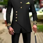Men's casual two-piece suit set with long sleeves, mid-length jacket and trousers.