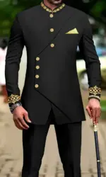 Men's casual two-piece suit set with long sleeves, mid-length jacket and trousers.