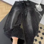 Glittering Rhinestone Denim Pants Women's Jeans New Wide Leg Design Sensation Floor-Length Pants Loose Jeans
