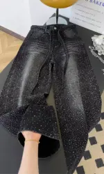 Glittering Rhinestone Denim Pants Women's Jeans New Wide Leg Design Sensation Floor-Length Pants Loose Jeans