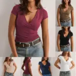 2025 Summer New Fashion Women's T-Shirt Solid-Color Slim-Fit V-Neck Short-Sleeve Top Y2k Clothing