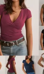 2025 Summer New Fashion Women's T-Shirt Solid-Color Slim-Fit V-Neck Short-Sleeve Top Y2k Clothing