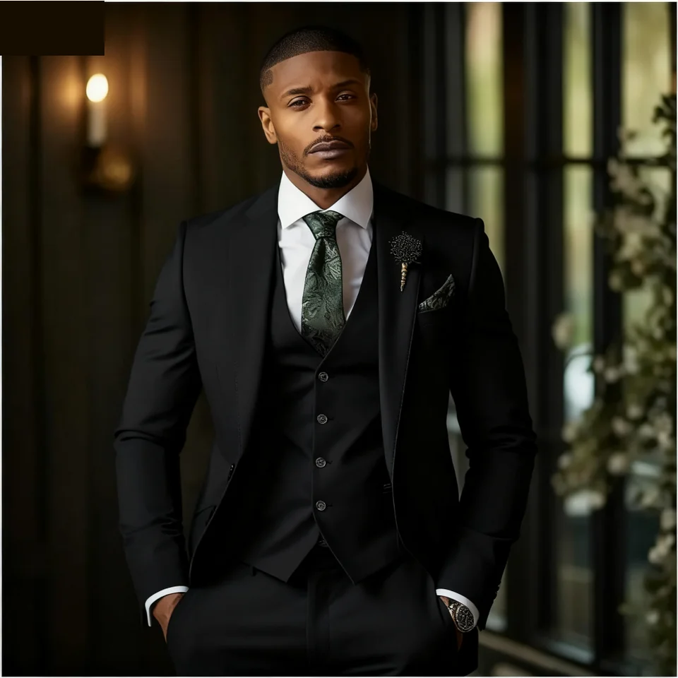 Green Emerald 3-Piece Men's Formal Tuxedo Elegant Jacket with Notched Lapel + Vest + Pants Wedding Groomsmen Smoking Suit - Image 3
