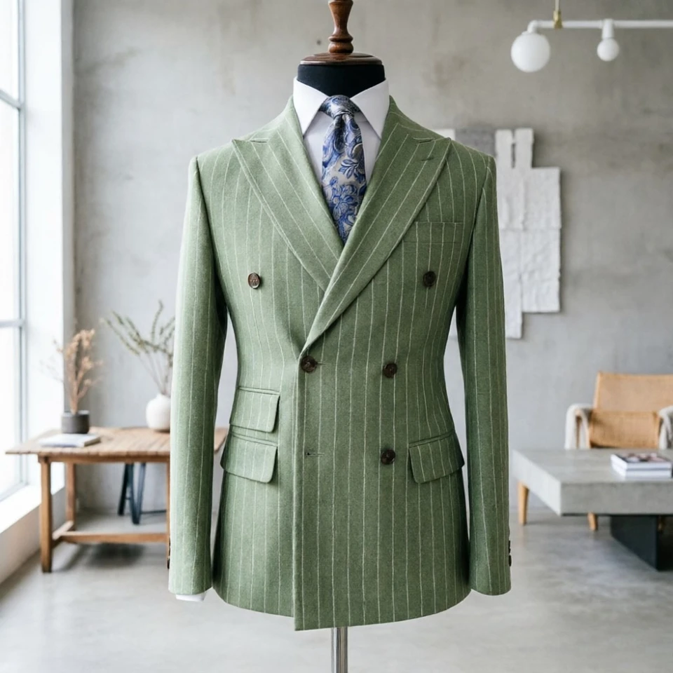 Double Breasted Striped Men Suits Men Vintage Sage Green Double Breasted Pinstripe Suit Slim Fit Formal Blazer for Groom Wedding - Image 5