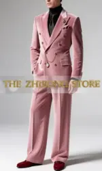 Elegant Pink Velvet Men's Suit Double Breasted Peaked Lapel 2pcs Jacket Pants Luxury Set for Wedding Prom After-party Customized
