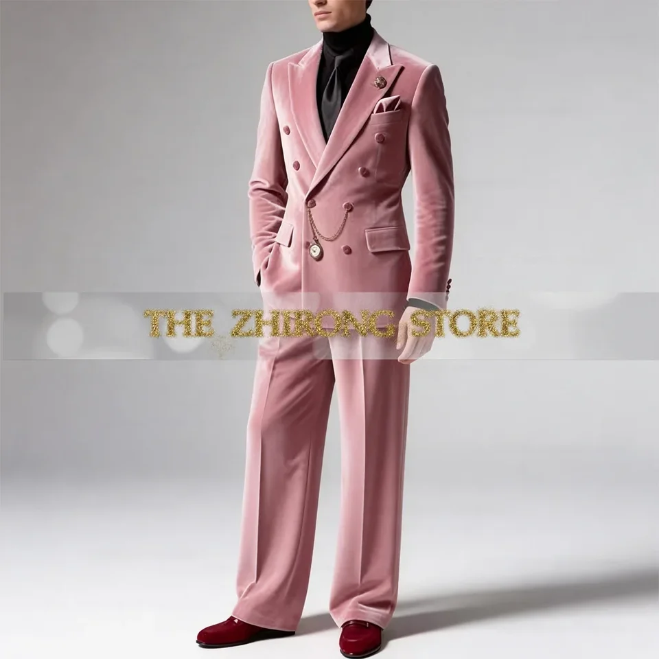 Elegant Pink Velvet Men's Suit Double Breasted Peaked Lapel 2pcs Jacket Pants Luxury Set for Wedding Prom After-party Customized