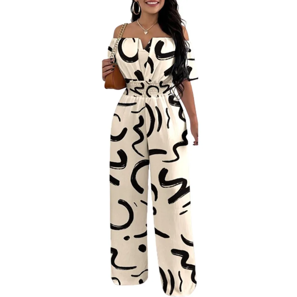 Jumpsuits for Women 2025 Spring Fashion Off Shoulder Casual Plain Short Sleeve Shirred Waist Daily Long Wide Leg Jumpsuit 2025 - Image 5