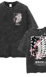 Anime Attack Titan Retro Wash Printed T-shirt Mikasa Ackerman Eren Jaeger Free Wings Pattern Men's Summer T-shirt