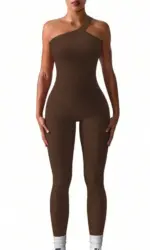 Women Knit One Shoulder Yoga Jumpsuit Solid Color Workout Ribbed Sport Jumpsuits Casual One Piece