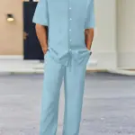 Light Blue Striped 3D Printed Men's Autumn Shirt Set, Outdoor Sports Casual Men's Lapel Shirt And Casual, Trendy And Fashionable