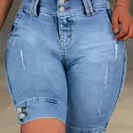 Ladies' Blue Double-Buckle Waist Slim Fit Jeans