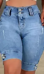 Ladies' Blue Double-Buckle Waist Slim Fit Jeans