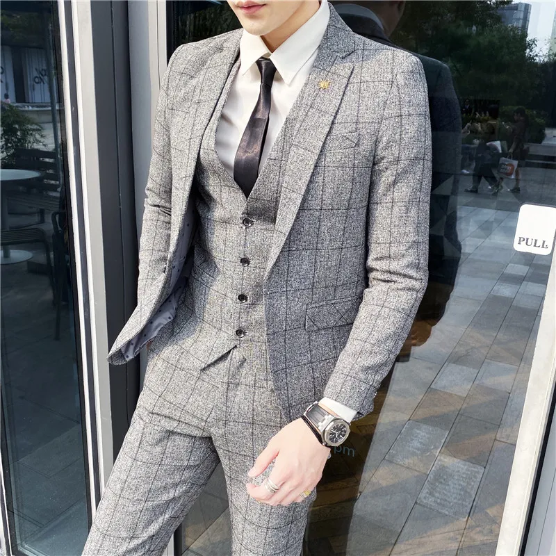 Blazer Vest Pants Stripe Plaid Mens Formal Business Office Suit Groom Wedding Dress Party Stage Host Men Korean Slim Suit Tuxedo - Image 3