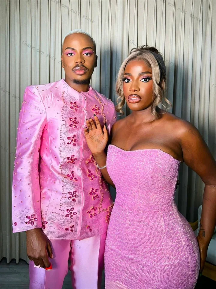 Pink Satin Men Suits Set 2 Pcs Blazer+Pant Trousers Wedding Tuxedo Shiny Crystals Formal Office Business Groom Jacket Coat - Image 3