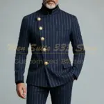 Navy Blue Stripe Men's Suits Elegant Single Breasted Regular Length Back Vent Blazer Formal Business 2 Piece Jacket Pants Outfit