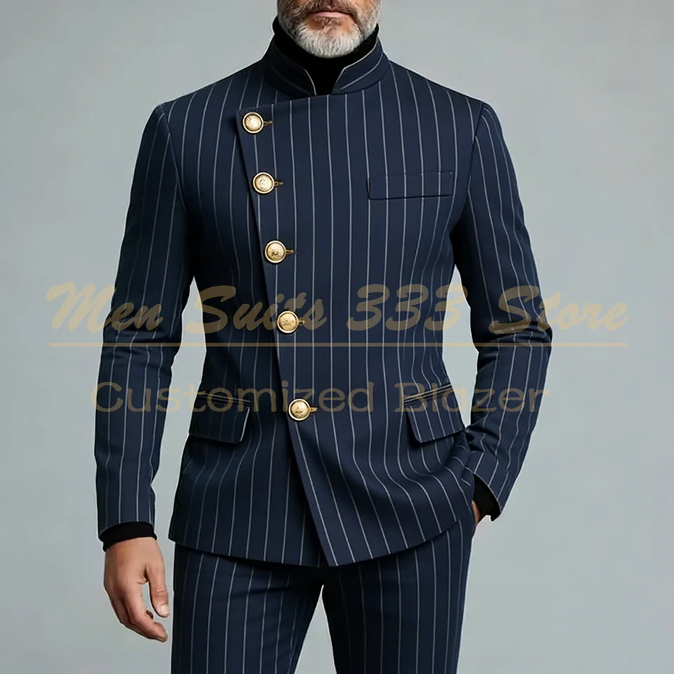 Navy Blue Stripe Men's Suits Elegant Single Breasted Regular Length Back Vent Blazer Formal Business 2 Piece Jacket Pants Outfit