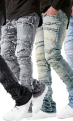 new Patch denim straight-leg pants retro jeans street fashion ins explosive style elastic new men's fashion retro denim trousers