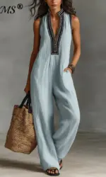 Sexy Deep V Neck Hollow Women's Jumpsuits Vintage Printed High Waist Slim Office Romper Spring Summer Sleeveless Pocket Overalls