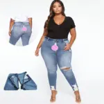 Outdoor Open Crotch Sex Women's High Waist Straight Leg Ripped Jeans Distressed Denim Pants Fat Ladies Big Size Plus Trousers