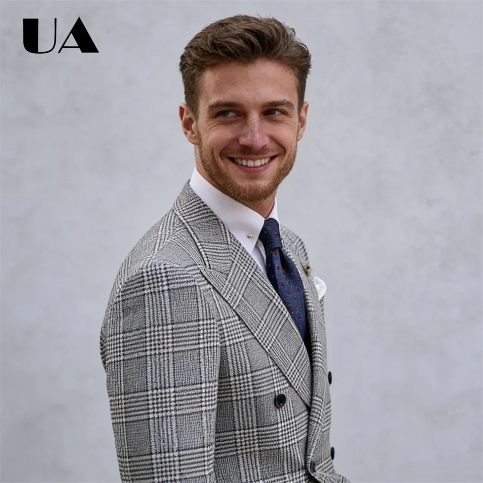 Retro Checkered Suit Set Including Jacket and Pants, Men's Formal Suit Double Breasted Jacket XXS-7XL Tuxedo Blazer Trousers - Image 2