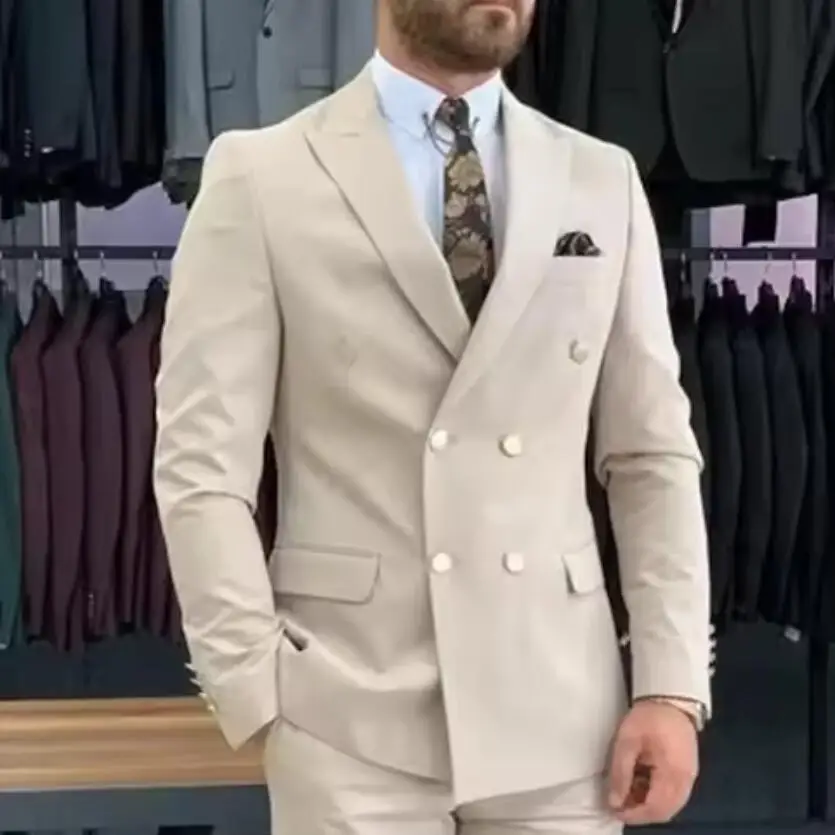 New Beige Men Suits Double Breasted Peaked Lapel Casual Wedding Party Clothing Daily 2 Piece Groom Tuxedo Jacket Pants Set 2026 - Image 3