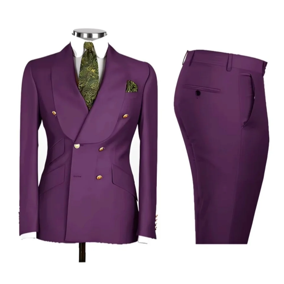 2 PCS Men's Smart Casual Solid Formal Tuxedo Suits with Shawl Lapel Double Breasted Jacket And Pants for Business And Wedding - Image 2