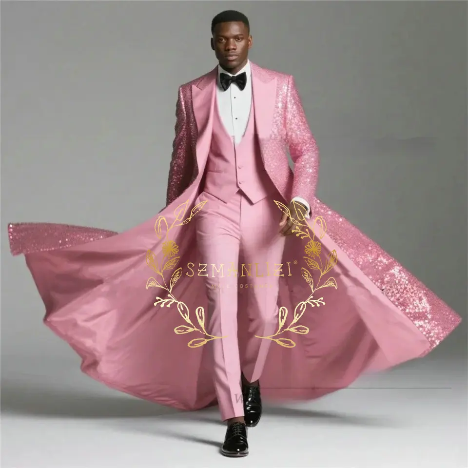 Burgundy Shiny Sequin Suits Men 3 Pieces Sets Single Breasted Groom Long Blazer Costume Homme Wedding Tuxedo Male Clothing - Image 4