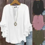 Women's V Neck Ruffle Sleeve Blouse Split Neck Layered Flare Cuff Casual Loose Chiffon Tops for Woman Clothing
