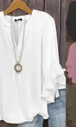 Women's V Neck Ruffle Sleeve Blouse Split Neck Layered Flare Cuff Casual Loose Chiffon Tops for Woman Clothing