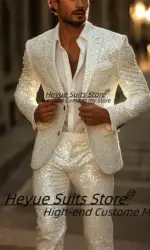 Sparkly Wedding Tuxedos Single Breasted Sequins Men Suit Peaked Lapel 2 Piece Set Jacket Pant Groom Business Blazers Customized