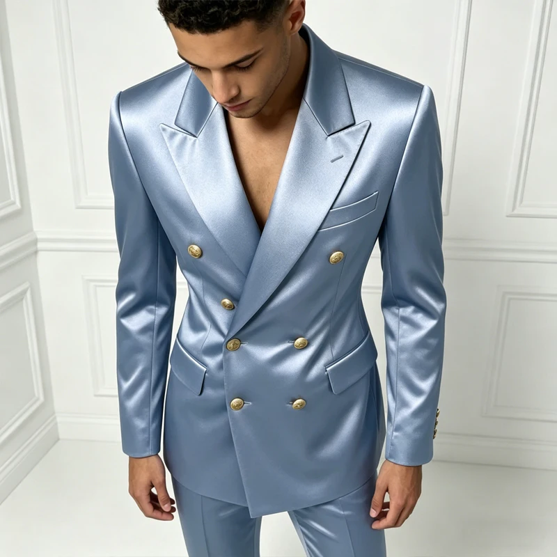 Men's Satin Suit Set 2 Piece Notch Lapel Double Breasted Gold Button Blazer Flare Pants Formal Wedding Prom Party Groom Outfit - Image 4