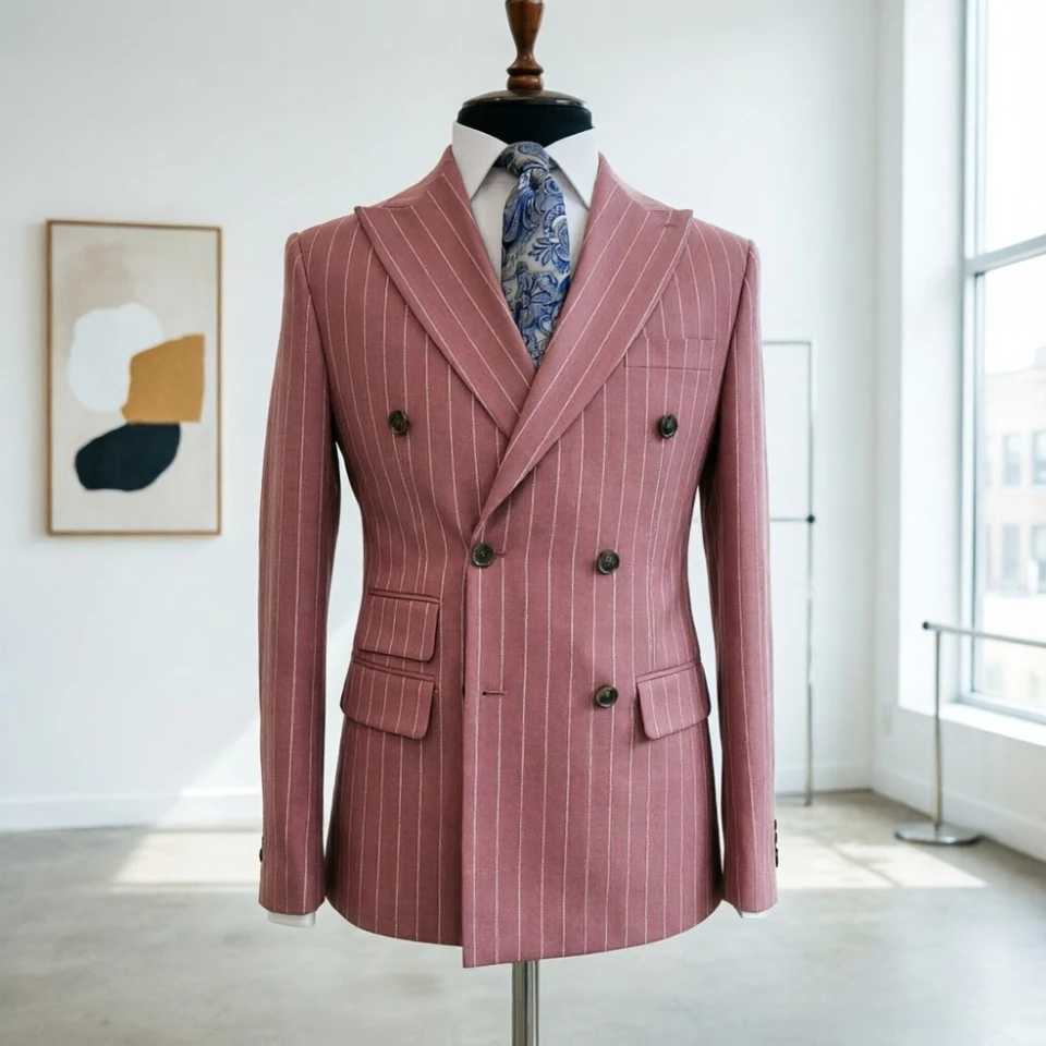 Double Breasted Striped Men Suits Men Vintage Sage Green Double Breasted Pinstripe Suit Slim Fit Formal Blazer for Groom Wedding - Image 4