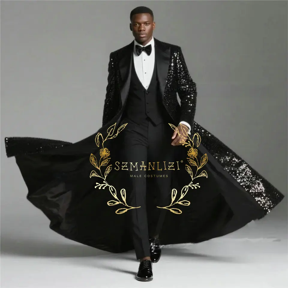 Burgundy Shiny Sequin Suits Men 3 Pieces Sets Single Breasted Groom Long Blazer Costume Homme Wedding Tuxedo Male Clothing - Image 2