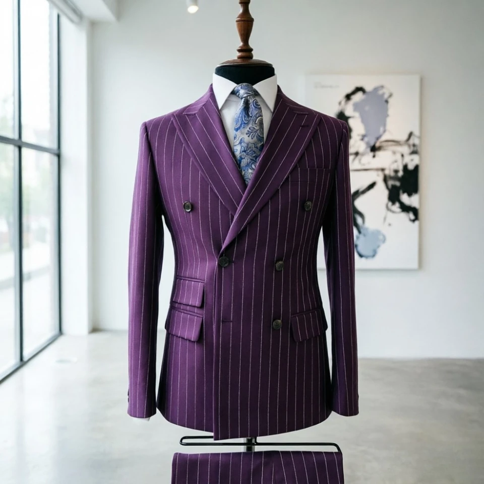 Double Breasted Striped Men Suits Men Vintage Sage Green Double Breasted Pinstripe Suit Slim Fit Formal Blazer for Groom Wedding - Image 3