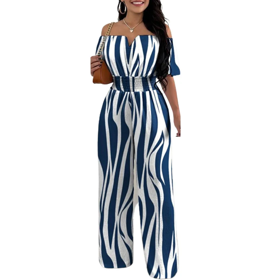Jumpsuits for Women 2025 Spring Fashion Off Shoulder Casual Plain Short Sleeve Shirred Waist Daily Long Wide Leg Jumpsuit 2025 - Image 4