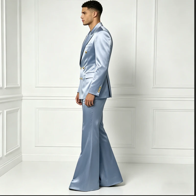 Men's Satin Suit Set 2 Piece Notch Lapel Double Breasted Gold Button Blazer Flare Pants Formal Wedding Prom Party Groom Outfit - Image 3