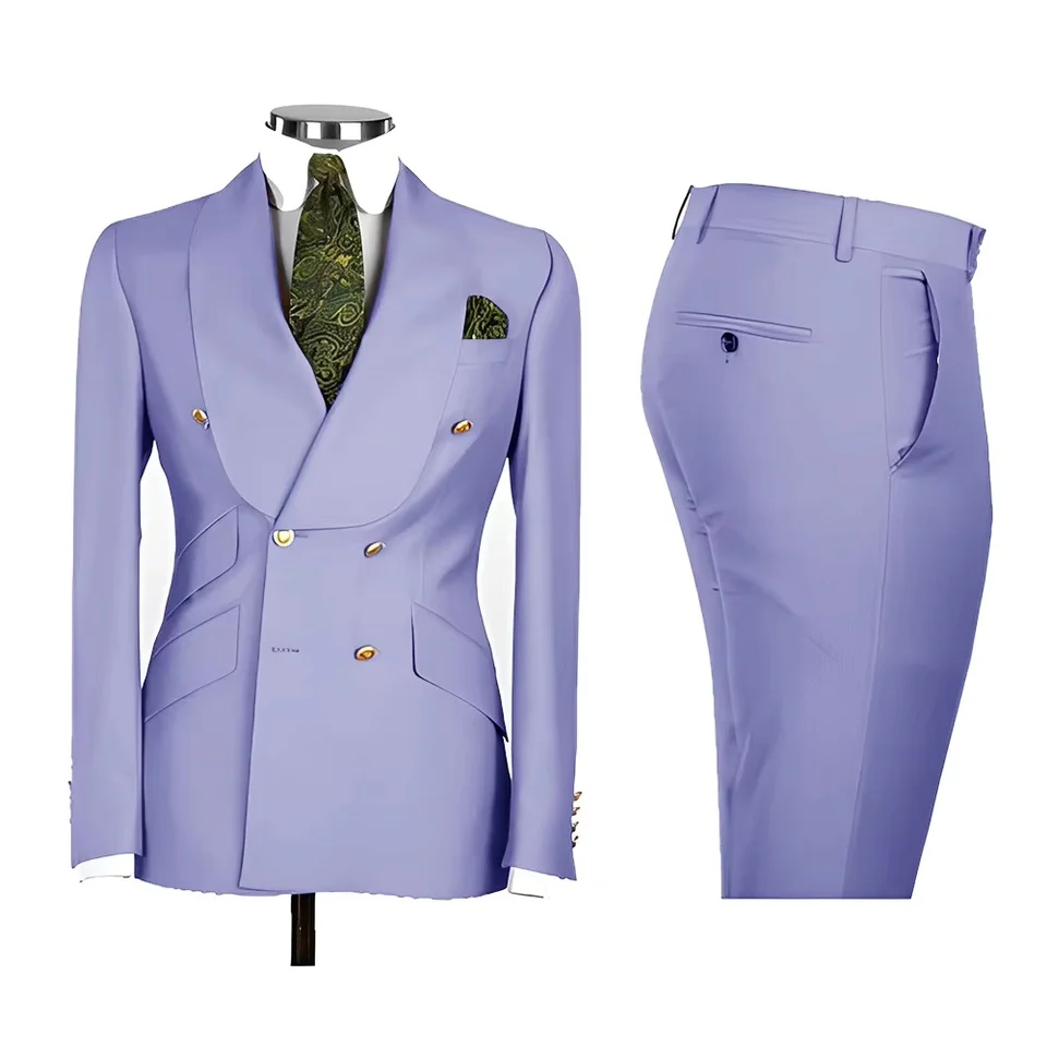 2 PCS Men's Smart Casual Solid Formal Tuxedo Suits with Shawl Lapel Double Breasted Jacket And Pants for Business And Wedding - Image 3