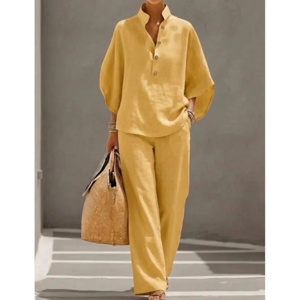 Fashion Cotton Linen Button Stand Collar 9 Quarter Sleeves Loose Women's 2-piece Suit Spring Casual Wide Leg Pants Suit Female - Image 6