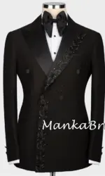Men's Double Breasted Peak Lapel Blazer And Crystal Beads Pants Set Formal Wedding Party Groom Tuxedo Suit