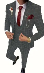 Elegant Men's Suit 3 Pieces Plaid Tuxedos Business Suits Slim Fit Double Breasted for Wedding Business (Blazer+vest+Pants)